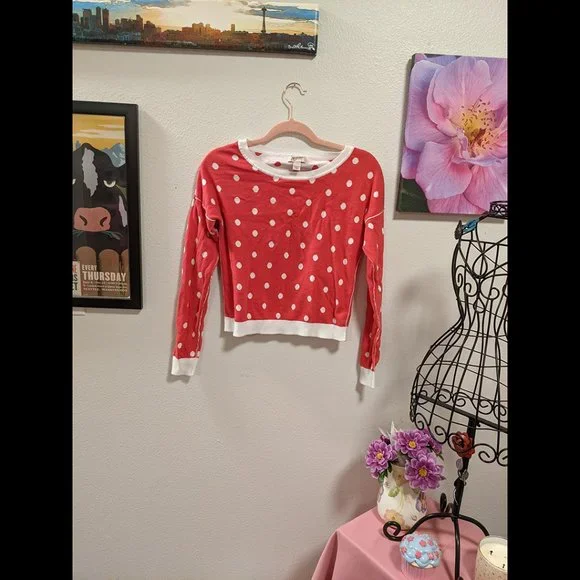 Arizona Jean Company Red and White Polka Dot Sweatshirt Size S - Picture 2 of 4
